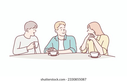 Gruppe von Freunden, die zusammen einen Kaffee trinken - Zwei Männer und eine Frau im Café. Handgezeichnete Vektordesign-Illustrationen.