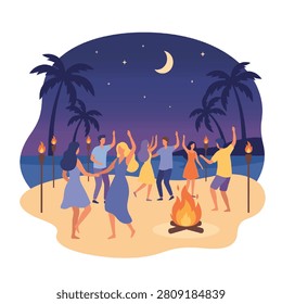 Group of friends having a fun beach party around a bonfire under the night sky with recreation