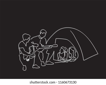 Group of friends having fun camping line drawing, vector illustration design. People collection.