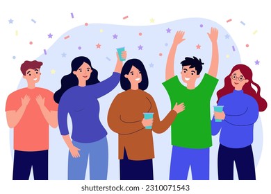 Group of friends having fun at party vector illustration. Large team cheering and celebrating success or anniversary with confetti falling. Friendship, celebration, reunion, support concept