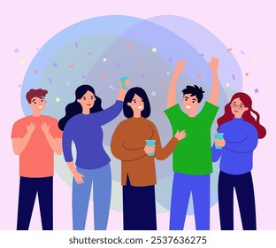 Group of friends having fun at party vector illustration. Large team cheering and celebrating success or anniversary with confetti falling. Friendship, celebration, reunion, support concept