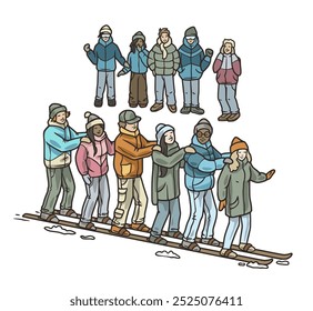 Group of friends is having fun skiing down a snowy slope, while another group poses for a picture, enjoying their winter holidays