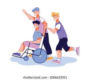 Grupo de amigos que se divierten con su compañero discapacitado en silla de ruedas, ilustración vectorial de dibujos planos aislados en fondo blanco. Socialización de discapacitados.