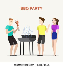 Group of friends having outdoor barbecue party, smiling and laughing.
