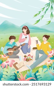 A group of friends having a picnic in nice weather