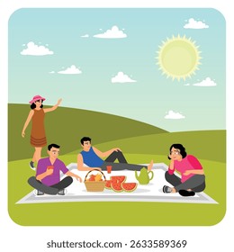 A group of friends are having a picnic on a sunny day, enjoying food and drinks together in a lush green hillside field. Having picnic lunch concept.