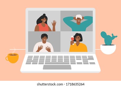 Group of friends having a video call. Set of people with communicating at online video conference. People chatting via Internet. Team on a remote meeting. Flat vector illustration