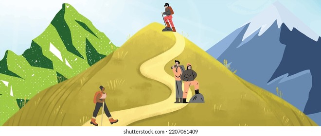 Group of friends hiking in the mountains