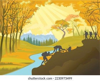 Group friends hiking on forest path surrounded with mountain trees. Tourism, travel, tourism, hike and people concept - friends walking with backpacks in woods. Vacation concept