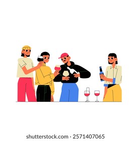 Group Of Friends Holding Drinks In Flat Vector Illustration Symbolizing Social Gathering, Friendship, And Celebration, Isolated On White Background.