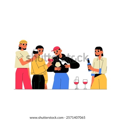 Group Of Friends Holding Drinks In Flat Vector Illustration Symbolizing Social Gathering, Friendship, And Celebration, Isolated On White Background.