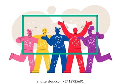 Group of friends holding portrait frame set. Colorful vector illustration
