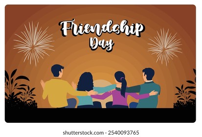 A group of friends hug each other. Celebrate Friendship Day with fireworks. Friendship Day concept. Flat vector illustration.