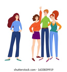 Group of friends hugging each other and girl, woman standing alone, feeling lonely, outsider concept, vector illustration isolated on white background. Lonely woman and group of hugging friends