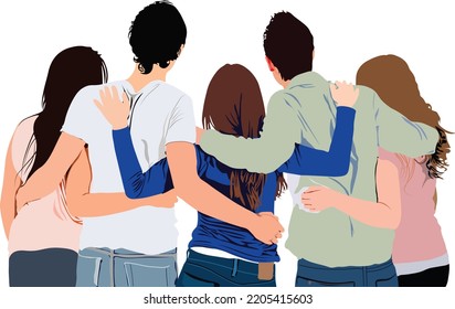 Group of friends hugging look from behind isolated on transparent background