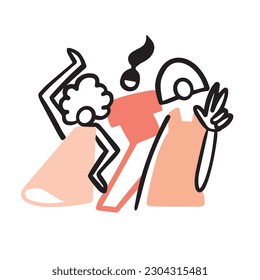 Group of friends hugging for photos, party, fun. Shows a sign with two fingers. A group of girls, the power of women, girl power. Vector illustration or icon in simple cartoon style, doodle.