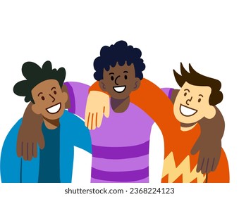 Group of friends hugging and smiling. not racism friendship. Vector illustration in cartoon style.
