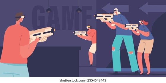Gruppe von Freunden taucht in Virtual Reality Game ein, Charaktere, die virtuelle Waffen abfeuern und zusammenarbeiten, um Feinde zu besiegen