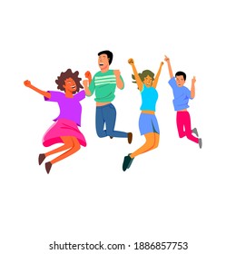 group of friends jump together, all people have fun. 