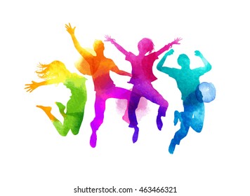 A group of friends jumping expressing happiness. Watercolour vector illustration.
