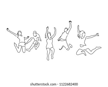 Group of friends jumping line drawing, vector illustration design. Friends collection.