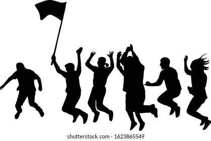A group of friends are jumping together with flags.