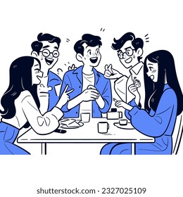 A group of friends laughing and sharing stories at a coffee shop, minimalistic vector illustration