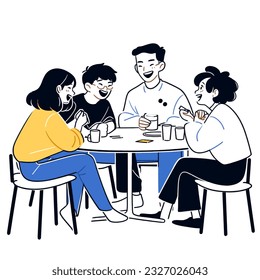 A group of friends laughing and sharing stories at a coffee shop, minimalistic vector illustration