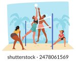 Group Of Friends Male And Female Characters Enjoying A Game Of Beach Volleyball On A Sunny Day. Vector Image Conveys Fun, Teamwork, And A Healthy, Active Lifestyle At The Beach. Cartoon Illustration