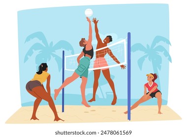 Gruppe von Freunden männliche und weibliche Charaktere genießen eine Partie Beachvolleyball an einem sonnigen Tag. Vektorgrafik Bild vermittelt Spaß, Teamarbeit und einen gesunden, aktiven Lebensstil am Strand. Cartoon-Illustration