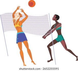 Group Of Friends Male And Female Characters Enjoying A Game Of Beach Volleyball On A Sunny Day. Vector Image Conveys Fun, Teamwork, And A Healthy, Active Lifestyle At The Beach. Cartoon Illustration