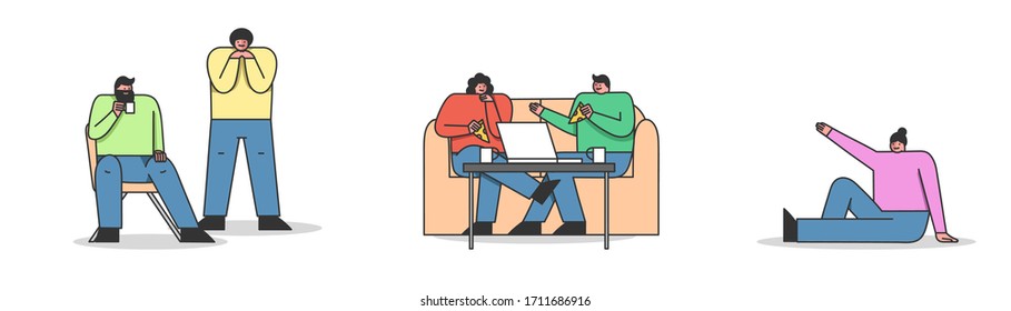 Group Of Friends Meet At Home. Male And Female Cartoon Characters Eating Tasty Pizza, Communicating And Have Good Time Together In Casual Setting. Cartoon Linear Outline Flat Vector Illustrations Set