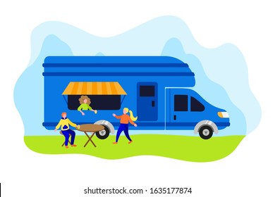 a group of friends on a camping trip. Traveling in a van on the weekend. Vacation in a mobile home. Picnic in the mountains in a trailer. - Shutterstock ID 1635177874