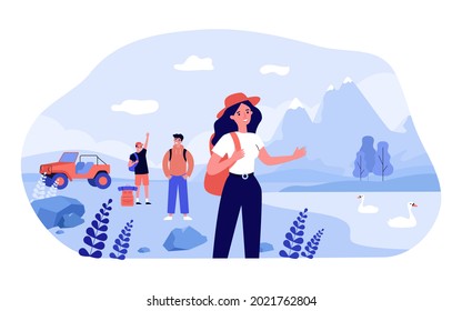 Grupo de amigos en excursionismo por las montañas. Feliz mochilero cerca del lago con cisnes de ilustración vectorial plana. Camping, actividad al aire libre, concepto de vacaciones para banner, diseño de sitios web o página web de aterrizaje