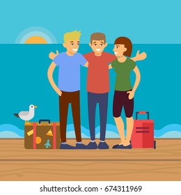 Group of friends on vacation, flat illustration