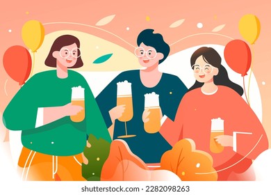 Group of friends partying together with buildings and plants in the background, vector illustration