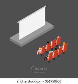 Group of friends people in the cinema watching film isometric vector illustration