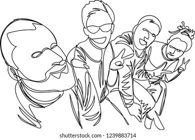 a group of friends are photographed. one continuous line