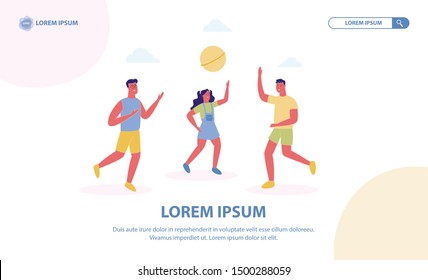 Group of Friends Playing Ball Outdoors, Beach Volleyball, Teenagers Having Leisure, Sports Activity, Healthy Lifestyle, Summer Vacation, Holidays. Cartoon Flat Vector Illustration, Horizontal Banner