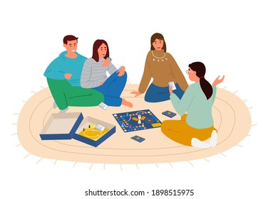 Group Of Friends Playing Board Game Sitting On The Floor Vector Illustration. Woman Explaining Words From The Playing Card. Isolated On White.