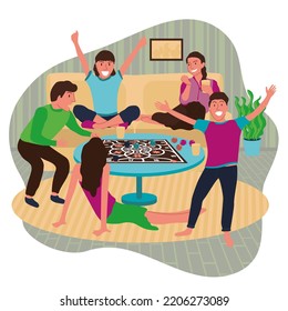 Group of friends playing board games and having fun. Vector illustration of young adult men and women inside the room