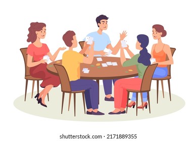 Group of friends playing card game at table. Cartoon people playing poker at home flat vector illustration. Board games, leisure concept for banner, website design or landing web page