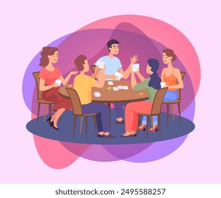 Grupo de amigos jugando juego de cartas en la mesa. Gente de dibujos animados jugando al póquer en casa Ilustración vectorial plana. Juegos de Tablero, concepto de ocio para el Anuncio, diseño de Sitio web o página de aterrizaje