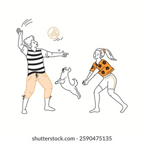 A group of friends playing an exciting game of beach volleyball under the summer sun, drawn in a lively and fun doodle-style illustration.