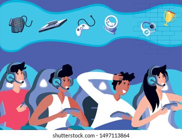 group of friends playing video game entertainment