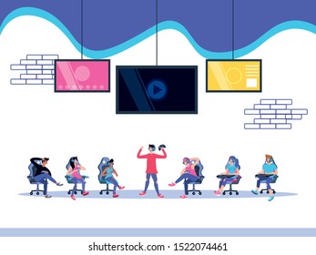 group of friends playing video game entertainment vector illustration design