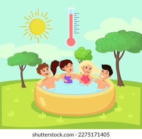 Group of friends in pool vector illustration. People suffering from hot weather, cooling off in water in garden. Hot weather, high temperature, climate change, global warming concept