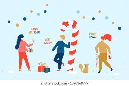 A group of friends are preparing for the holidays and congratulate each other. Vector flat design of people. Cozy cartoon holiday illustration. Happy New Year And Merry Christmas postcard