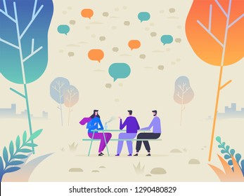 Group of friends relaxing the park on beautiful autumn day. Sitting on bench and making fun. Vector flat illustration