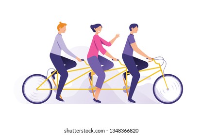 grupo de amigos en bicicleta tándem, jóvenes felices montando bicicleta juntos, amigos felices y concepto de trabajo en equipo ilustración vectorial